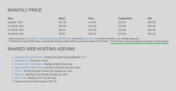 JustHost setup fees for one and three months subscription
